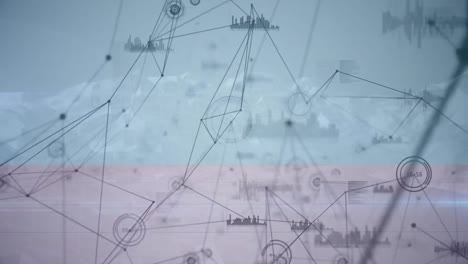 Animation of networks of connections and data processing over mountains spinning in background