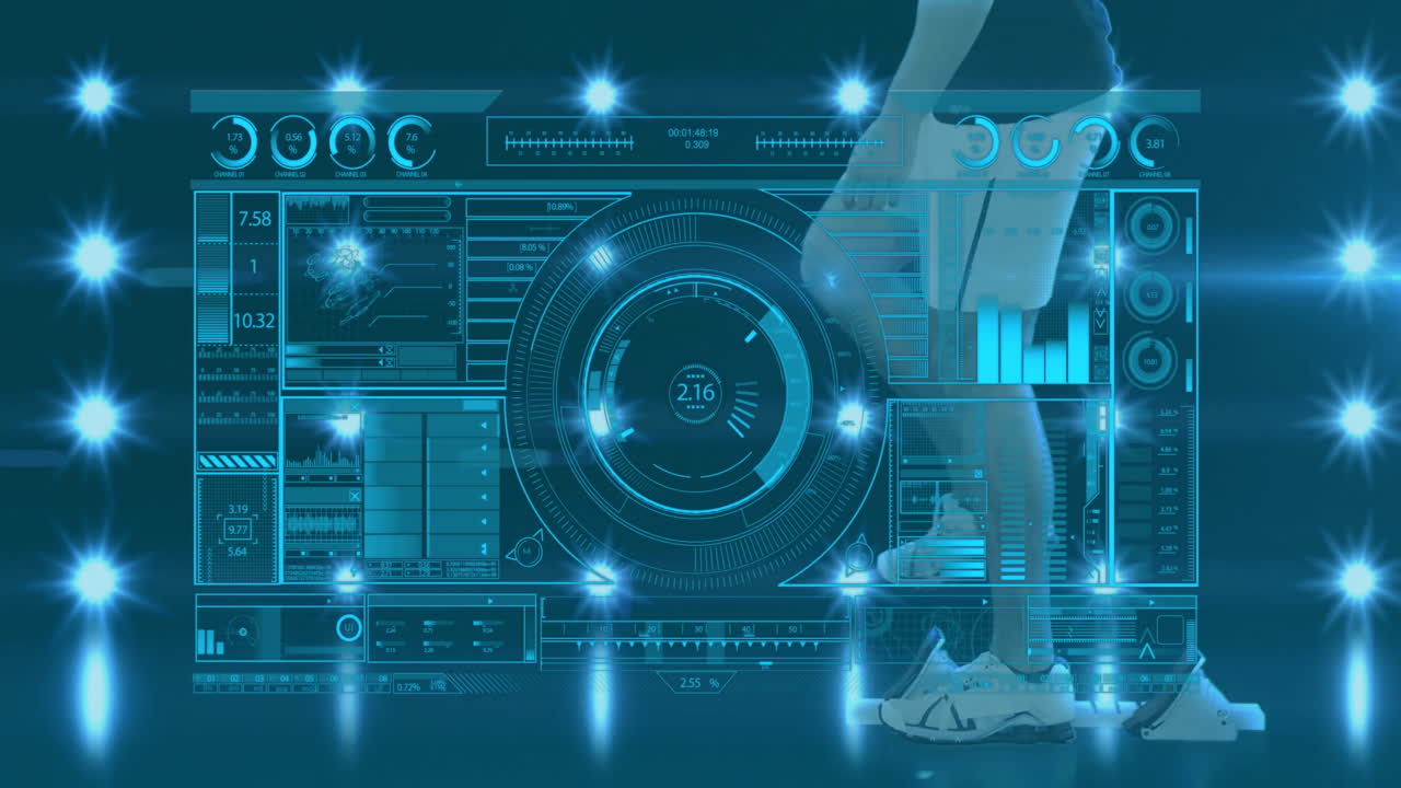 디지털 인터페이스 및 데이터 분석 애니메이션: 운동 신발을 입고 는 사람