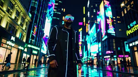 man in neon clothing in a city at night