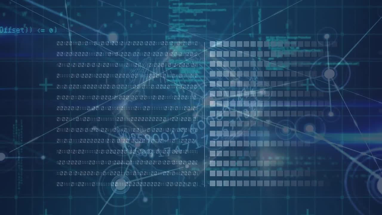 Animation of binary coding, statistics and digital data processing on dark background