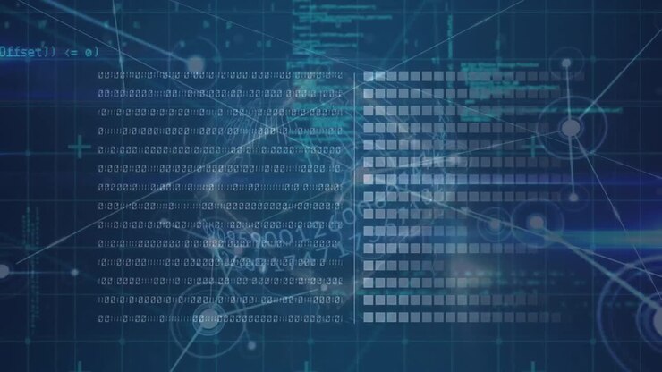 Animation of binary coding, statistics and digital data processing on dark background