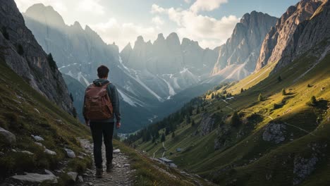 a sole adventurer walking through majestic mountain trails: embracing nature's serenity in breathtaking landscape views