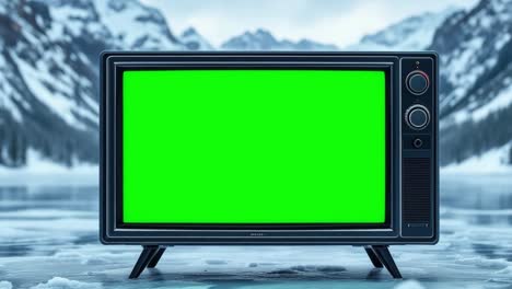 old television featuring a chroma key screen resting on a frozen lake, surrounded by snowy mountains under a clear winter sky
