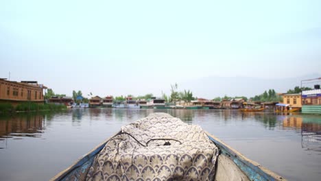 de un shikara pov deslizándose suavemente a través del lago dal en srinagar, cachemira