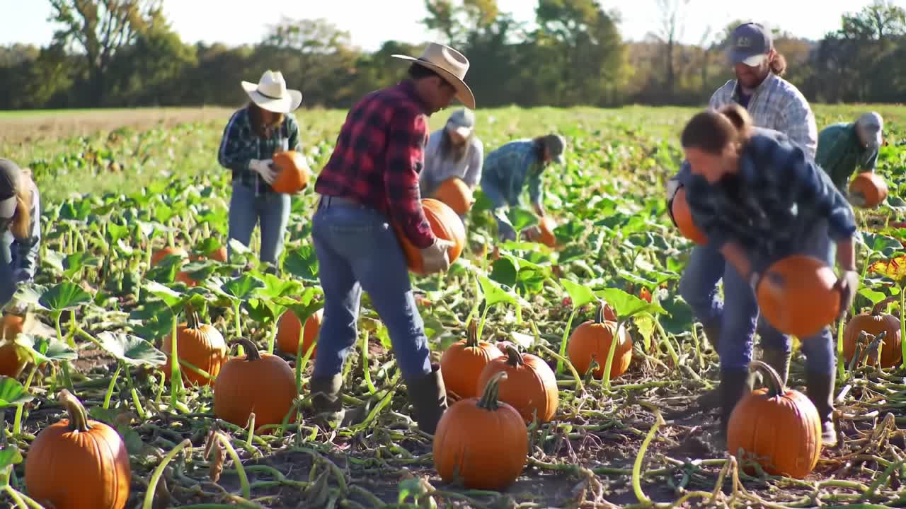 Workers Harvest Pumpkins in a Farm Field During a Sunny Autumn Day