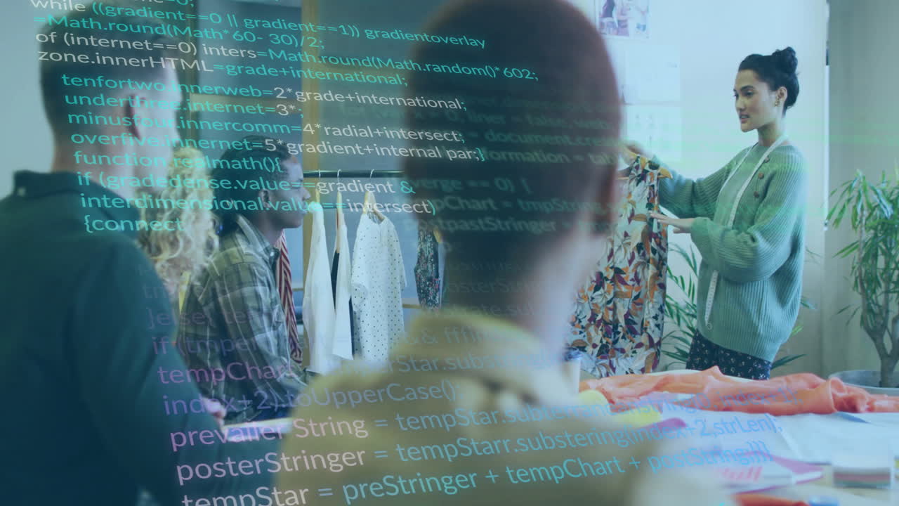 사무실에서 일하는 다양한 동료들에 대한 데이터 처리의 애니메이션