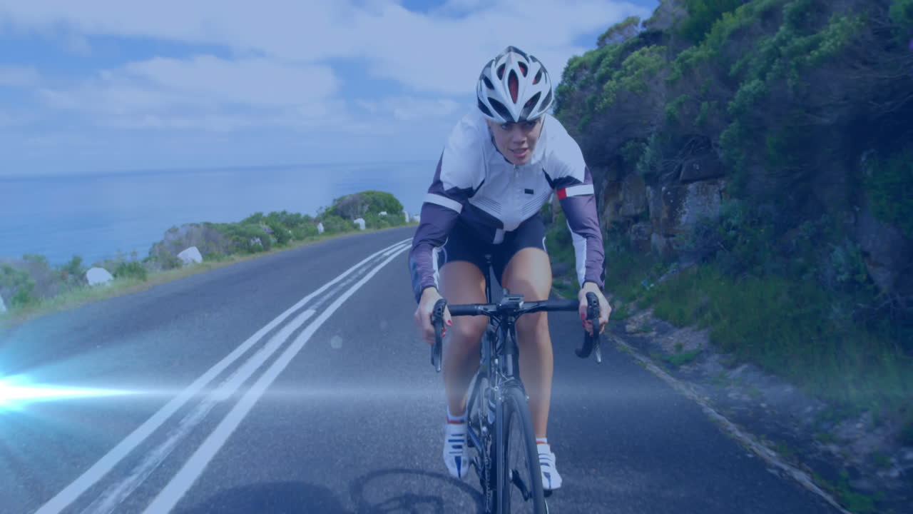 백인 여성 자전거 타는 위에 빛의 반점의 애니메이션