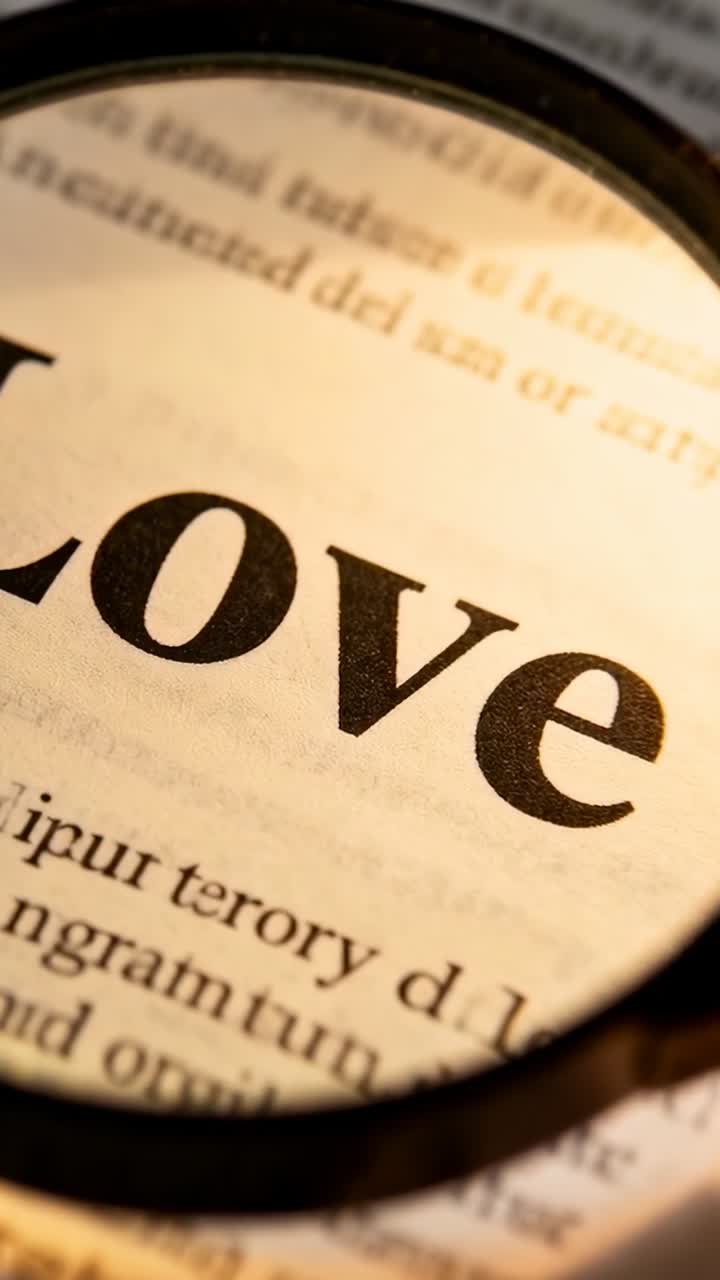 Vertical video: Tilting lens shifting over printed word Love on page, showing brass hinge