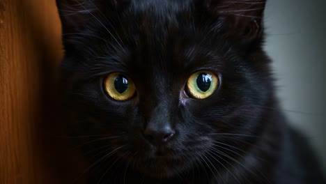 a close-up portrait of a striking black cat with captivating yellow eyes, capturing the intriguing expression and detailed fur texture in natural lighting