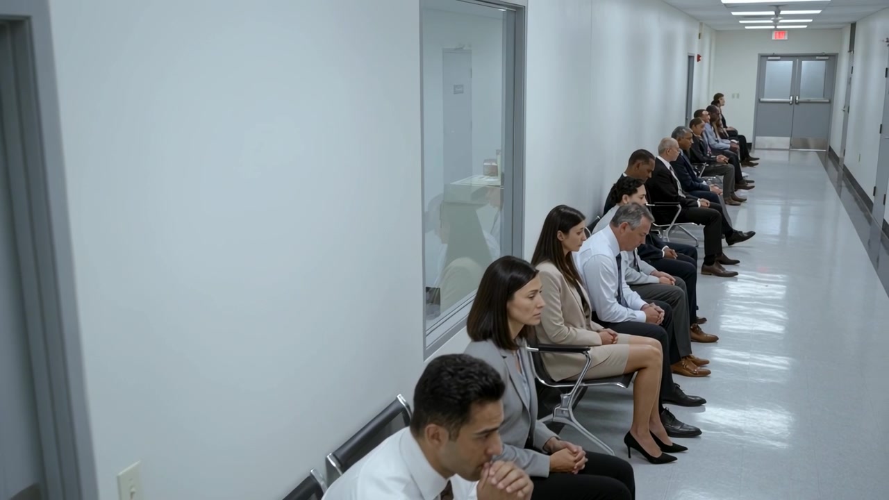 Orang-orang duduk mengenakan pakaian bisnis, membungkuk ke depan, menunggu janji temu di koridor, di kursi yang terhubung.