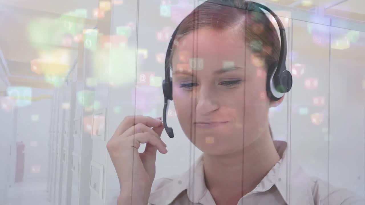 animación de conexiones con iconos sobre mujer de negocios usando auriculares de teléfono