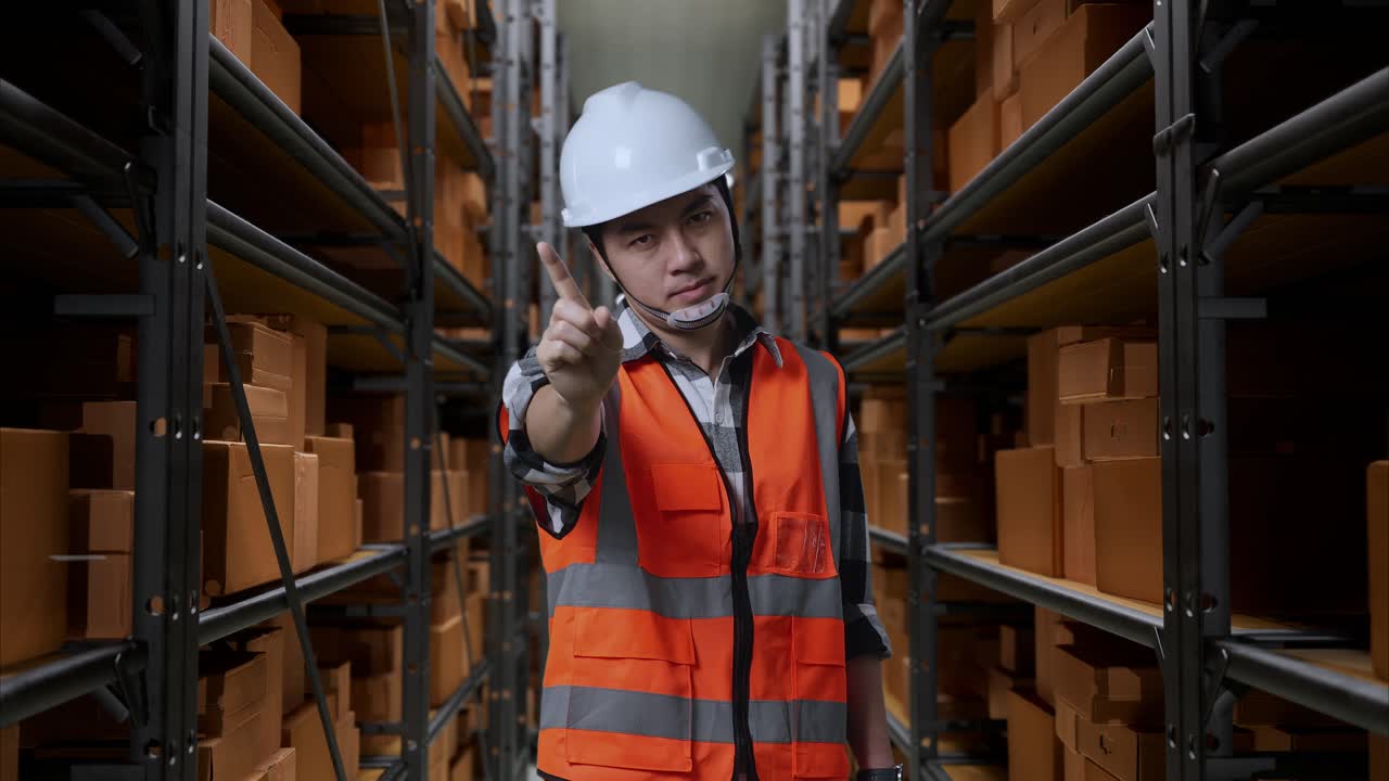 ingeniero asiático con casco de seguridad desaprueba sin señal del dedo índice mientras está de pie en el almacén con estantes llenos de mercancías de entrega