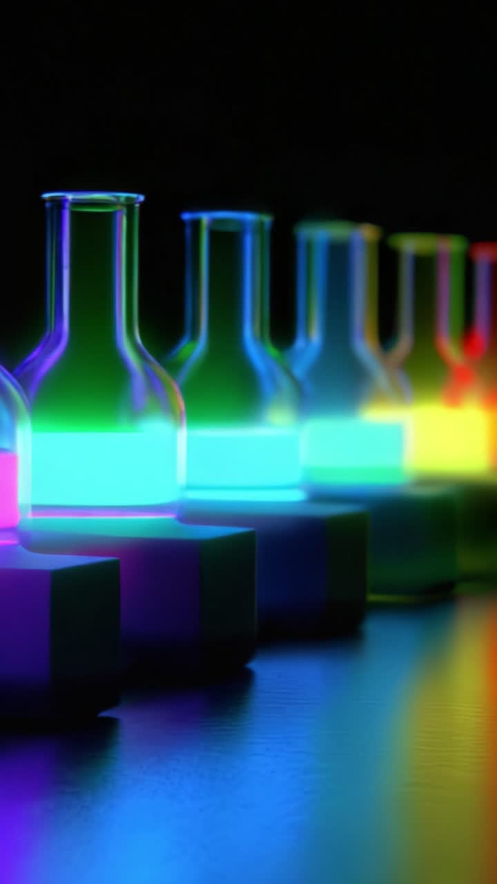 Spettro ipnotizzante di bottiglie da laboratorio colorate che emettono vivaci luci al neon in un ambiente scarsamente illuminato, catturando gli sguardi con il loro splendore.