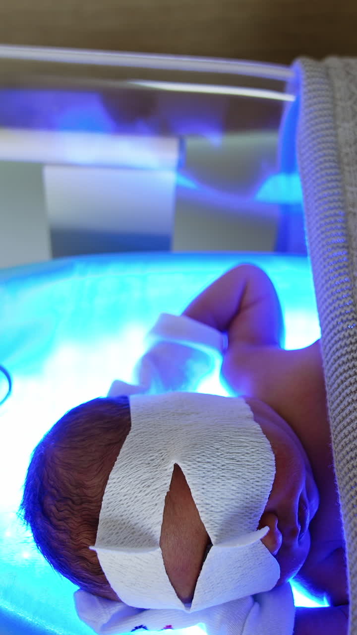 A newborn child lies in the crib with mask on eyes. Newborn baby is undergoing hyperbilirubinemia treatment by phototherapy. Vertical video