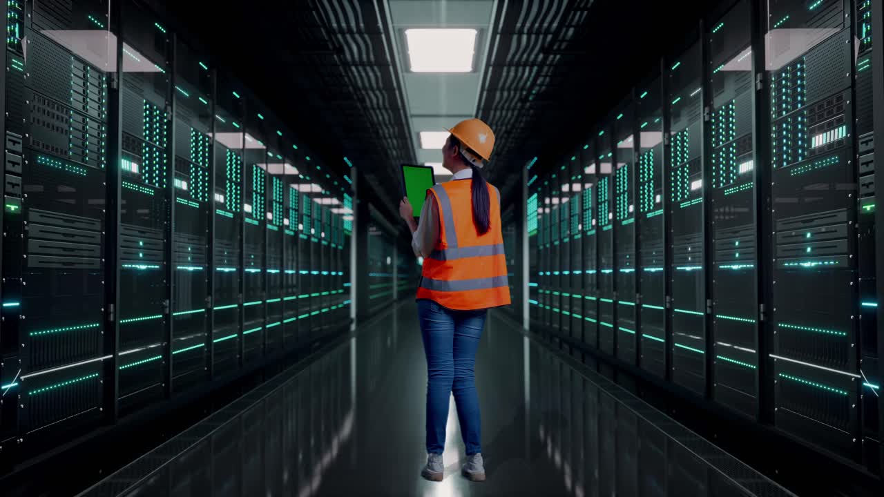 Full Body Back View Of Asian Female Engineer With Safety Helmet Working On A Green Screen Tablet And Looking Around in Server Room Data Center