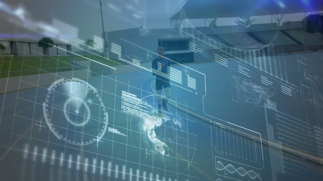 Animation of interface with data processing over man with prosthetic legs running on sports field