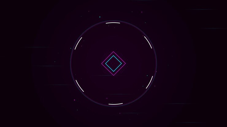 Abstract Digital Motion Graphic with Rotating Neon Squares and Circular HUD Elements