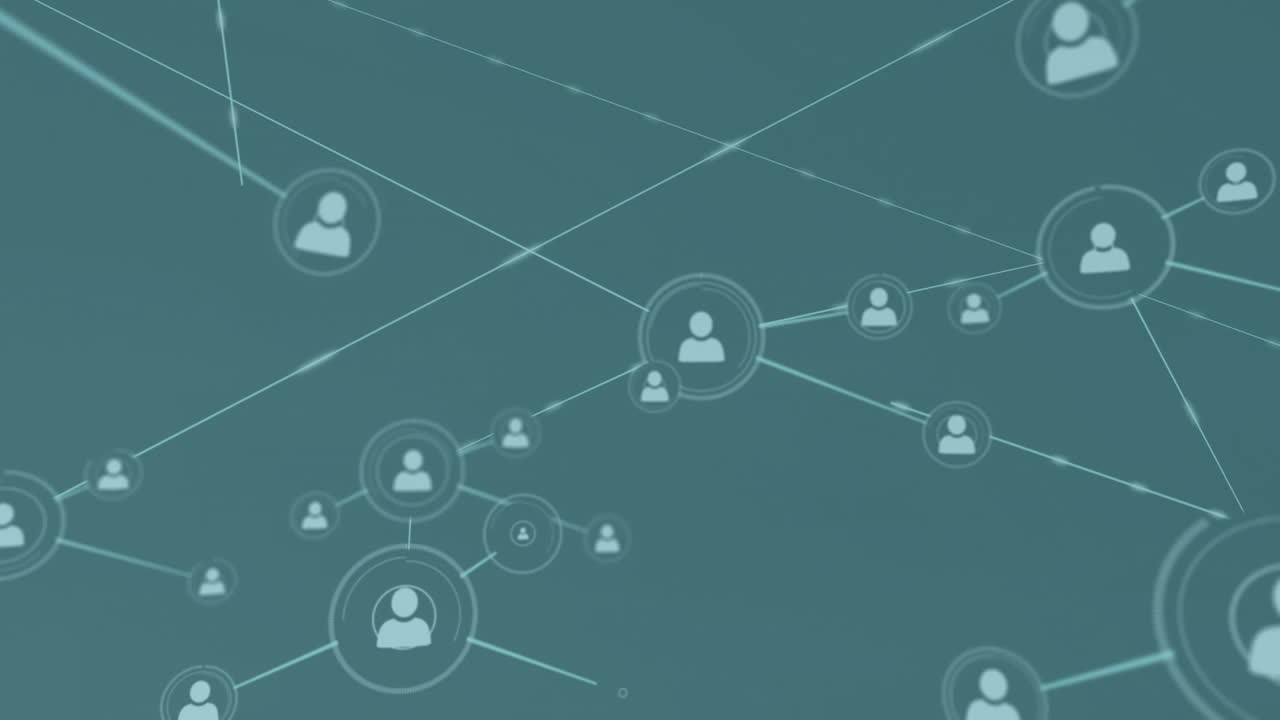 Digital animation of network of profile icons against blue background