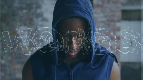Wearing blue hoodie, person with glitch animation text overlay in urban area