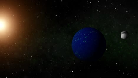 space travel to a mostly water planet with a pale moon and yellow sun and green nebula in the background