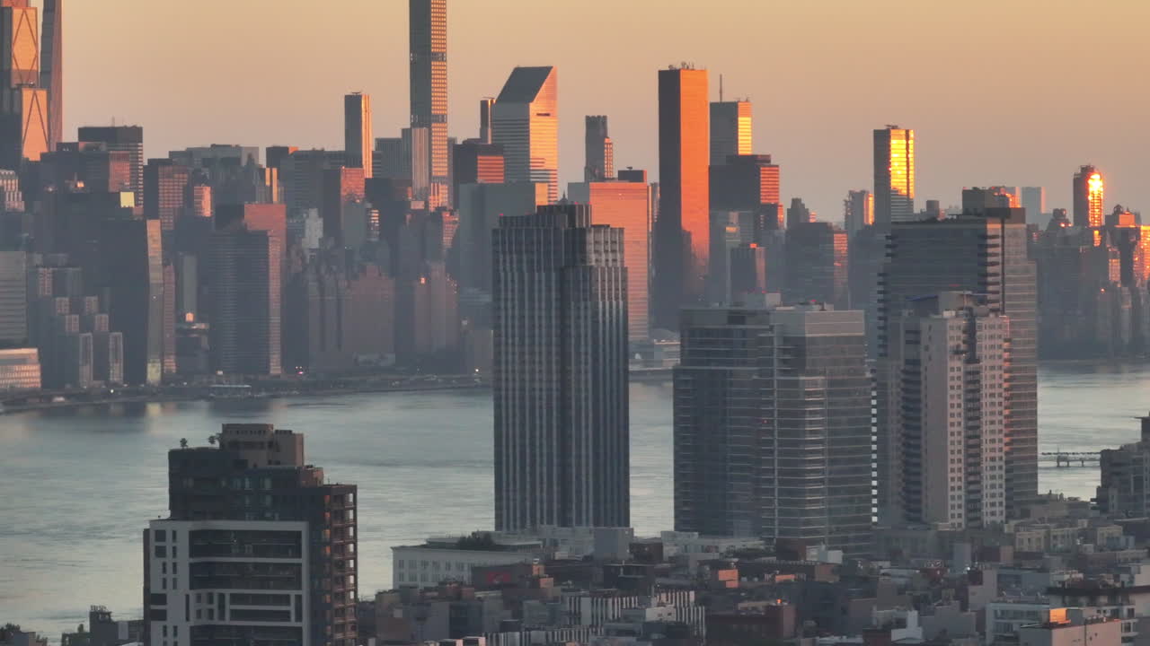Aerial view of Midtown Manhattan at sunrise. Shot in Brooklyn