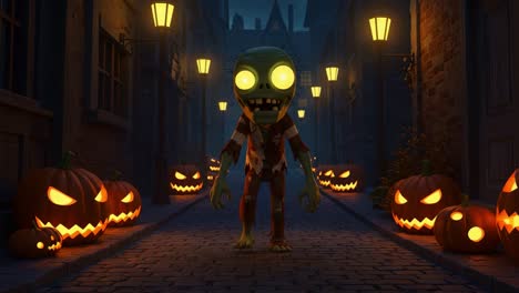 a spooky zombie stands in a dimly lit halloween street lined with glowing pumpkins, emanating an eerie atmosphere perfect for a chilling night of frights