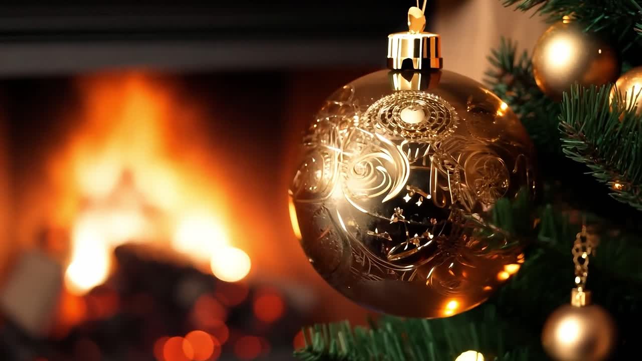 una joya de navidad dorada cuelga de una rama, balanceándose suavemente con una chimenea cálida brillando en el fondo