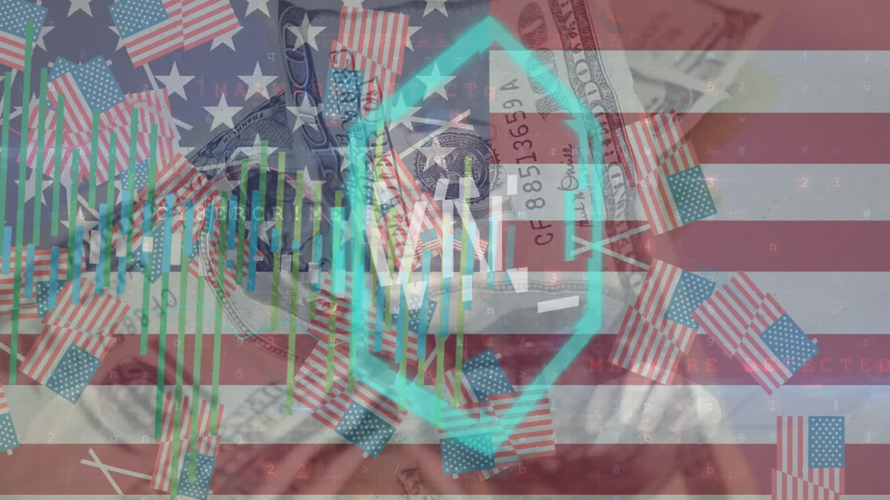 animación de texto y procesamiento de datos nft sobre bandera de los estados unidos y billetes