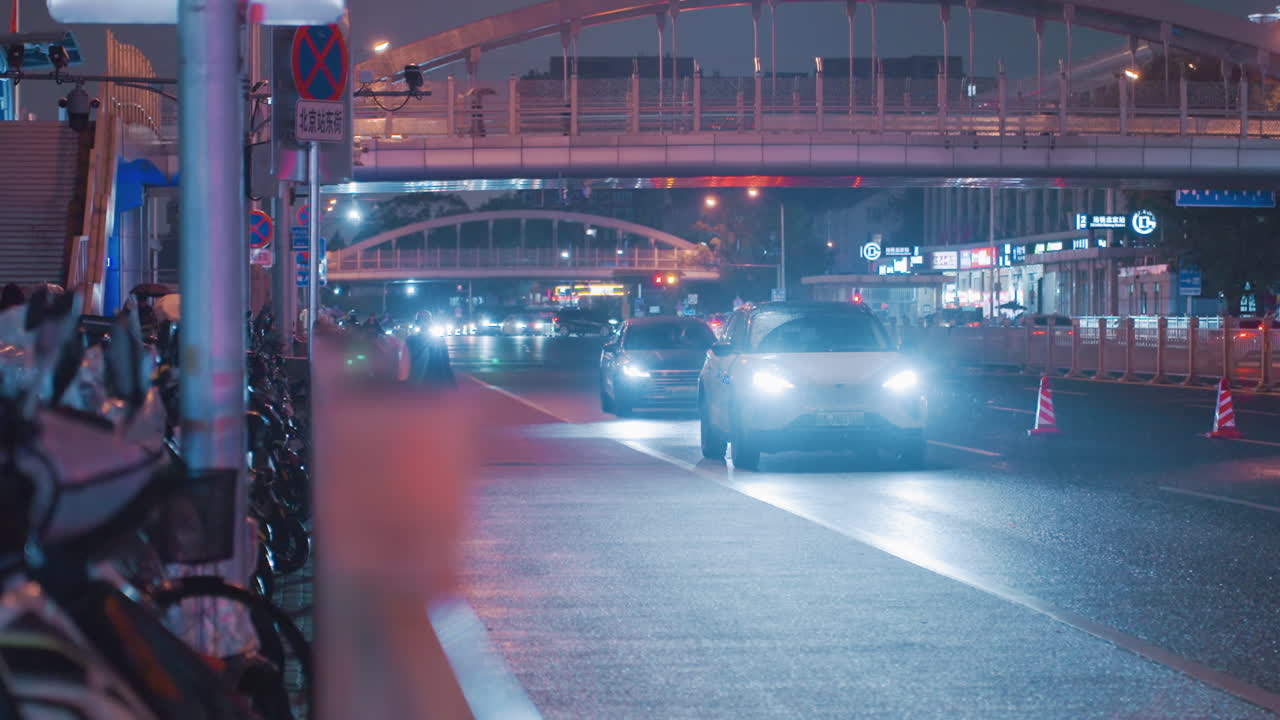 Neon night city street motorbike weaving under glowing bridge, wet asphalt reflecting blue and pink headlights, cars and scooters sharing lanes, tense cinematic atmosphere, delivery rider in helmet