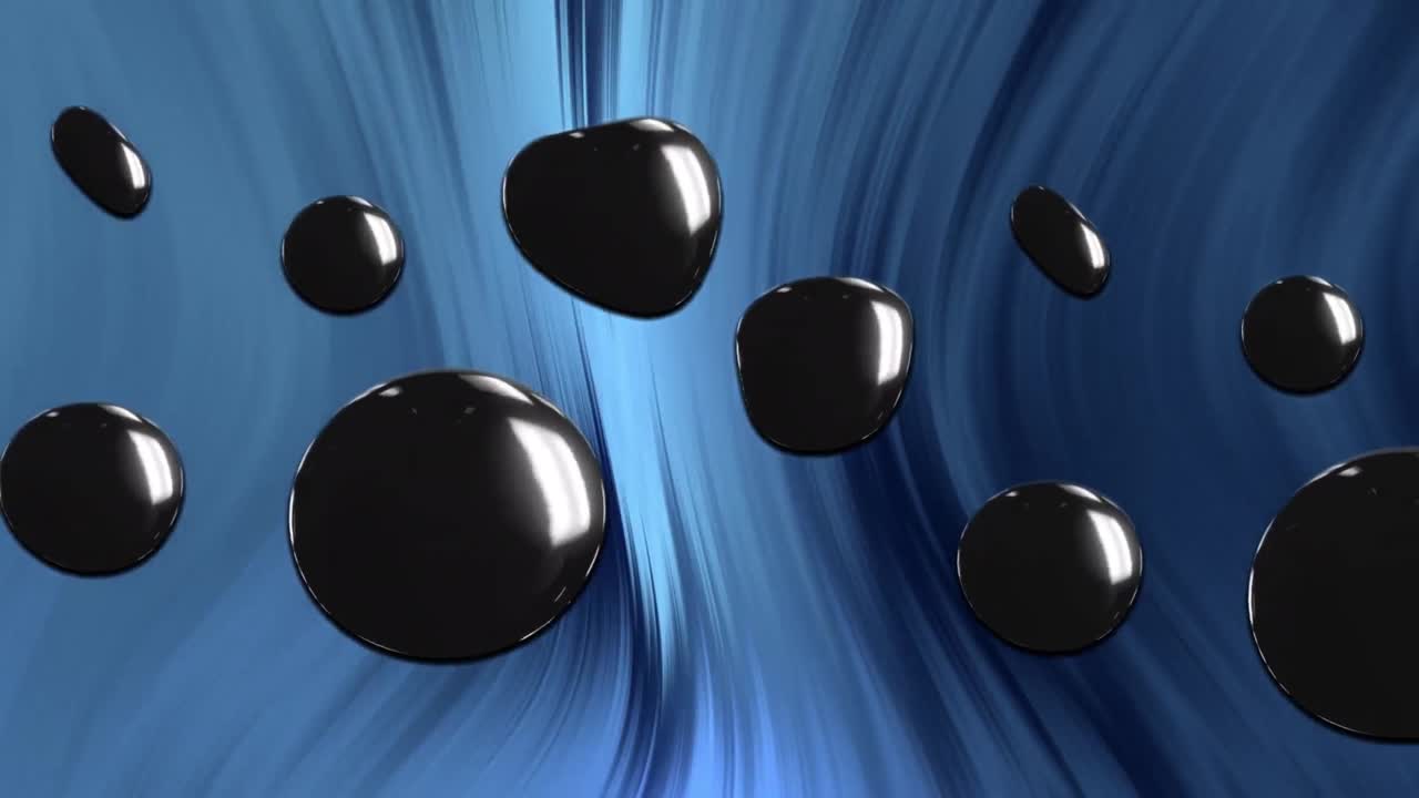 Animation of shiny black globules floating over waves of blue light
