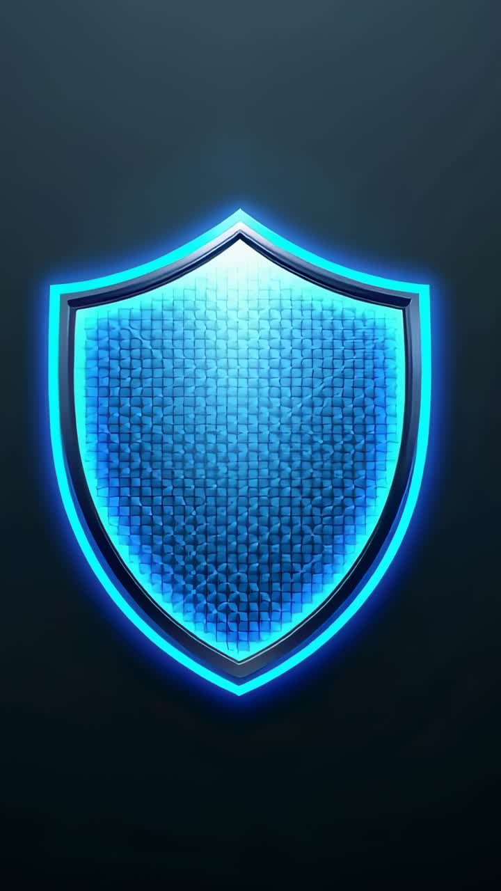 Vertical video: Pulsing shield emblem at start on backdrop, neon rim, honeycomb, signaling safety
