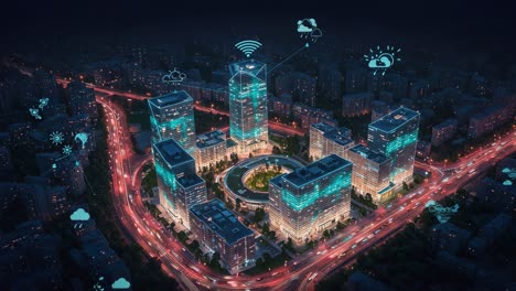 aerial view of a modern urban landscape at night featuring advanced digital connectivity and vibrant city lights with innovative architectural designs