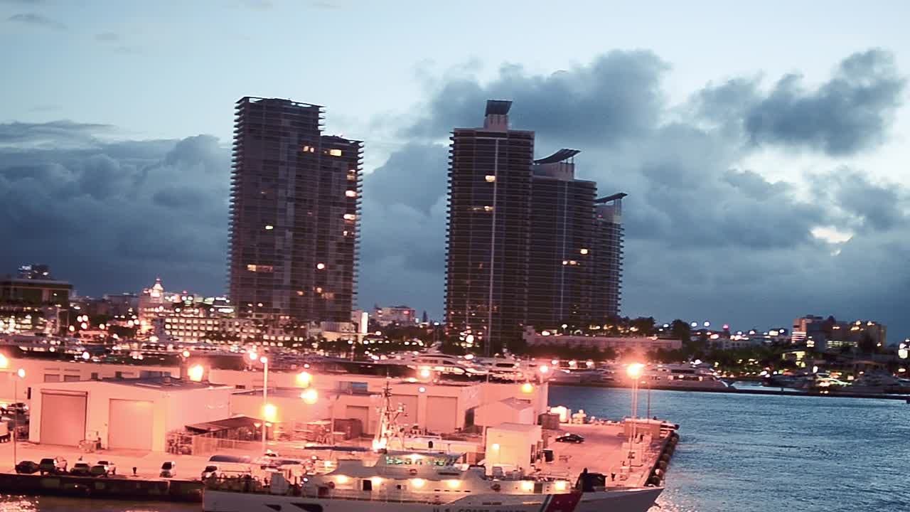 Miami skyline at dawn as seen from arriving cruise ship.