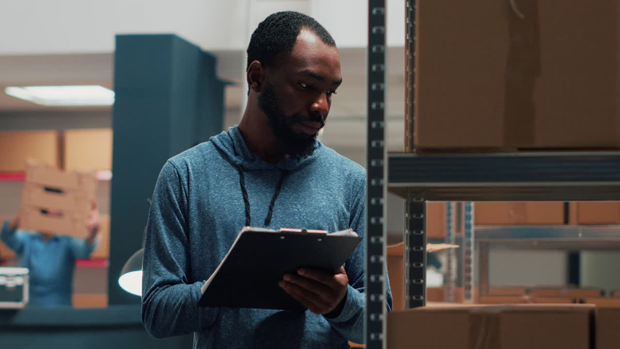 Man in Warehouse with Clipboard