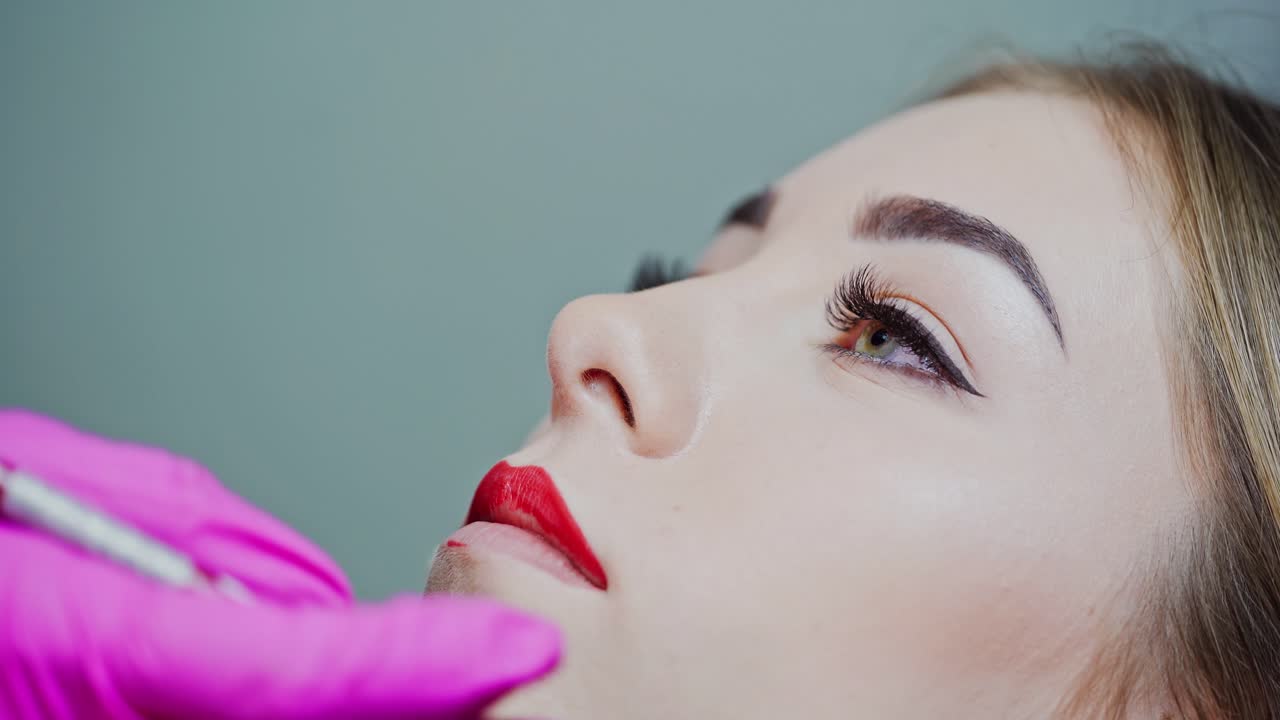 Face of a beautiful woman in a beauty salon. Cosmetologist painting client's lips with a red pencil before the permanent make-up. Close-up.