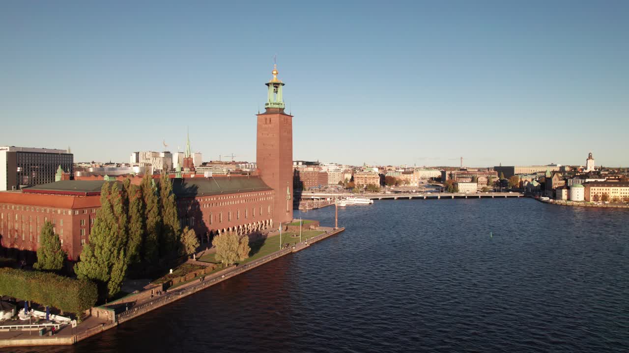 Gorgeous aerial of Stockholm's City Hall on the shore of Lake M&auml;laren
