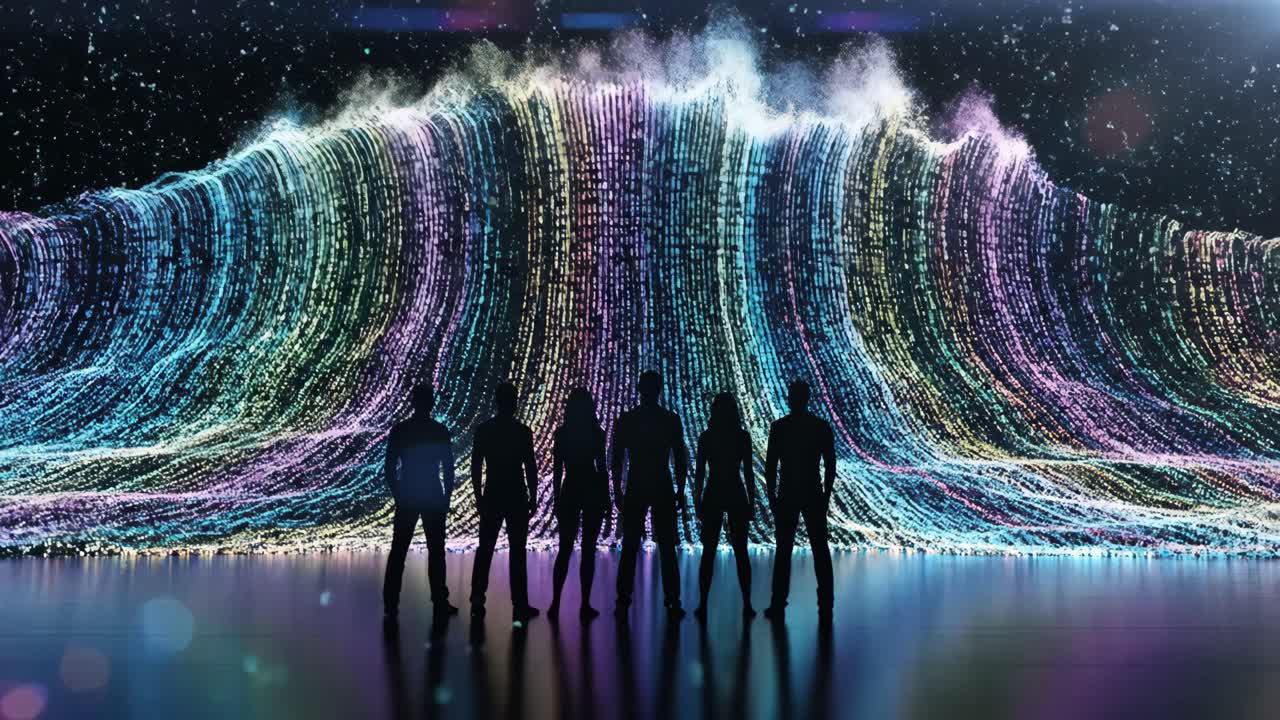 Digital Wave of the Future: Silhouettes Standing Before Artificial Intelligence