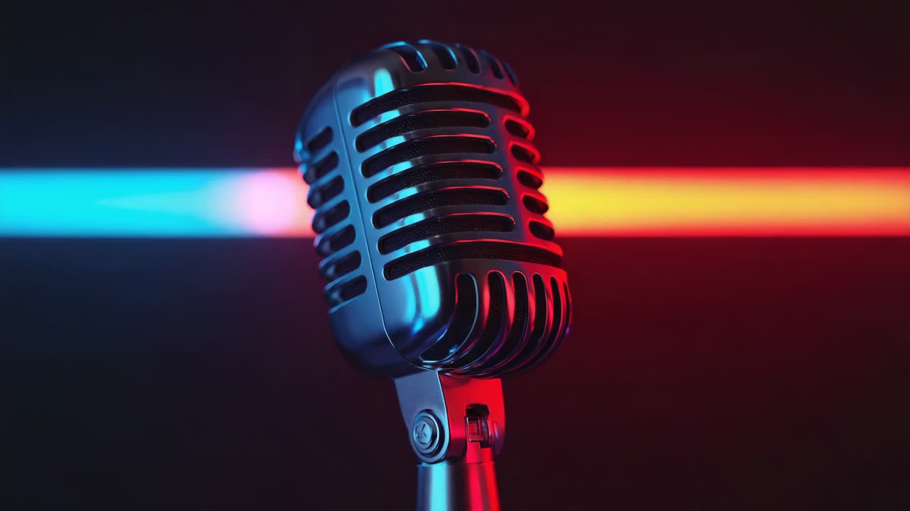 Retro Microphone on Stage with Neon Lights