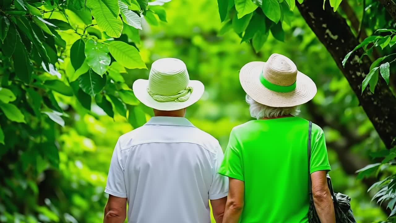 A man and a woman walking in the woods holding hands