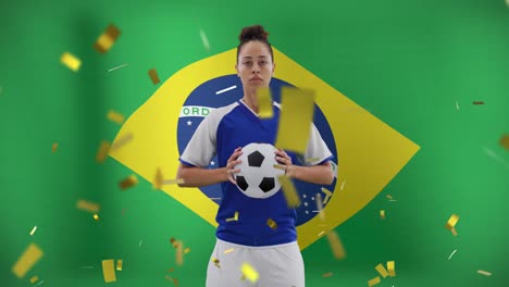 Animation-of-biracial-female-soccer-player-over-flag-of-brazil