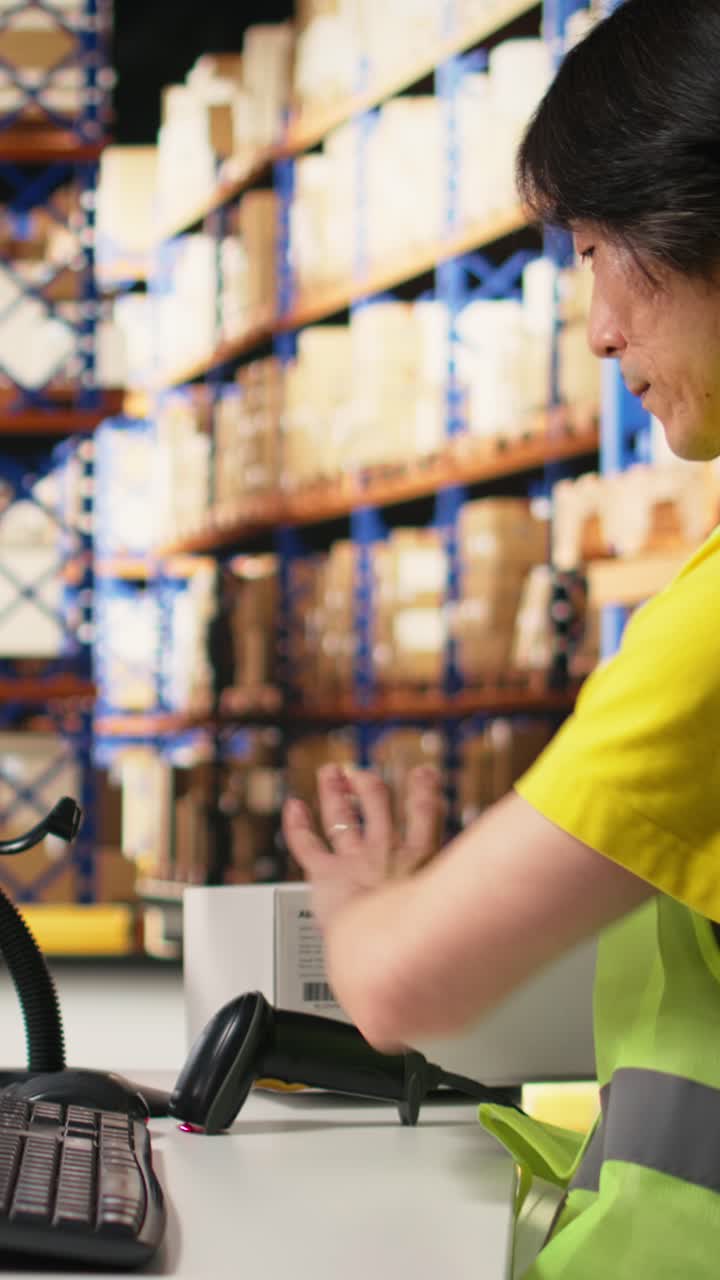 Vertical Video Warehouse worker scanning airway bills labels applied on cargo packages