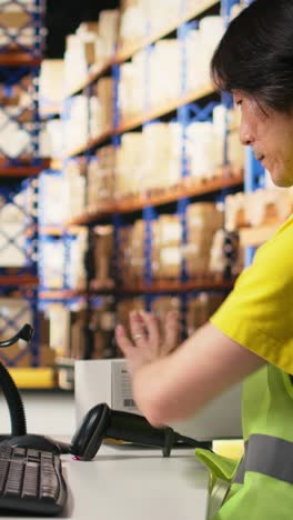 vertical video warehouse worker scanning airway bills labels applied on cargo packages