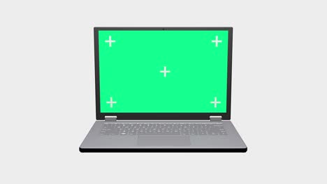 3d rendering laptop with motion tracking points and green screen for chroma key rotating on white background. seamless loop.