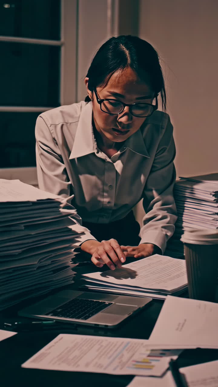 Woman diligently working late nights surrounded by stacks of documents