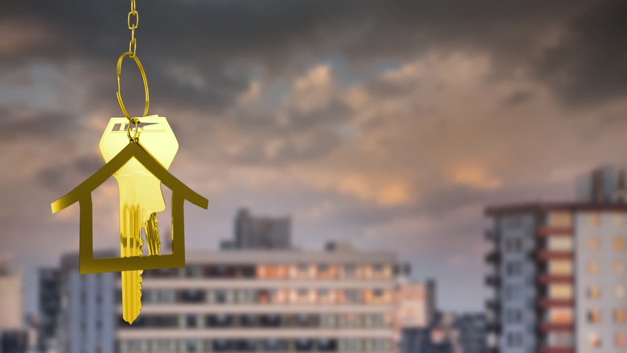 Animation of hanging golden house keys against blurred view of tall buildings with copy space