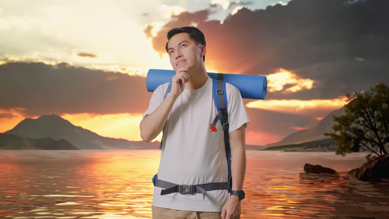 Asian Male Hiker With Mountaineering Backpack Thinking About Something And Looking Around At A Lake