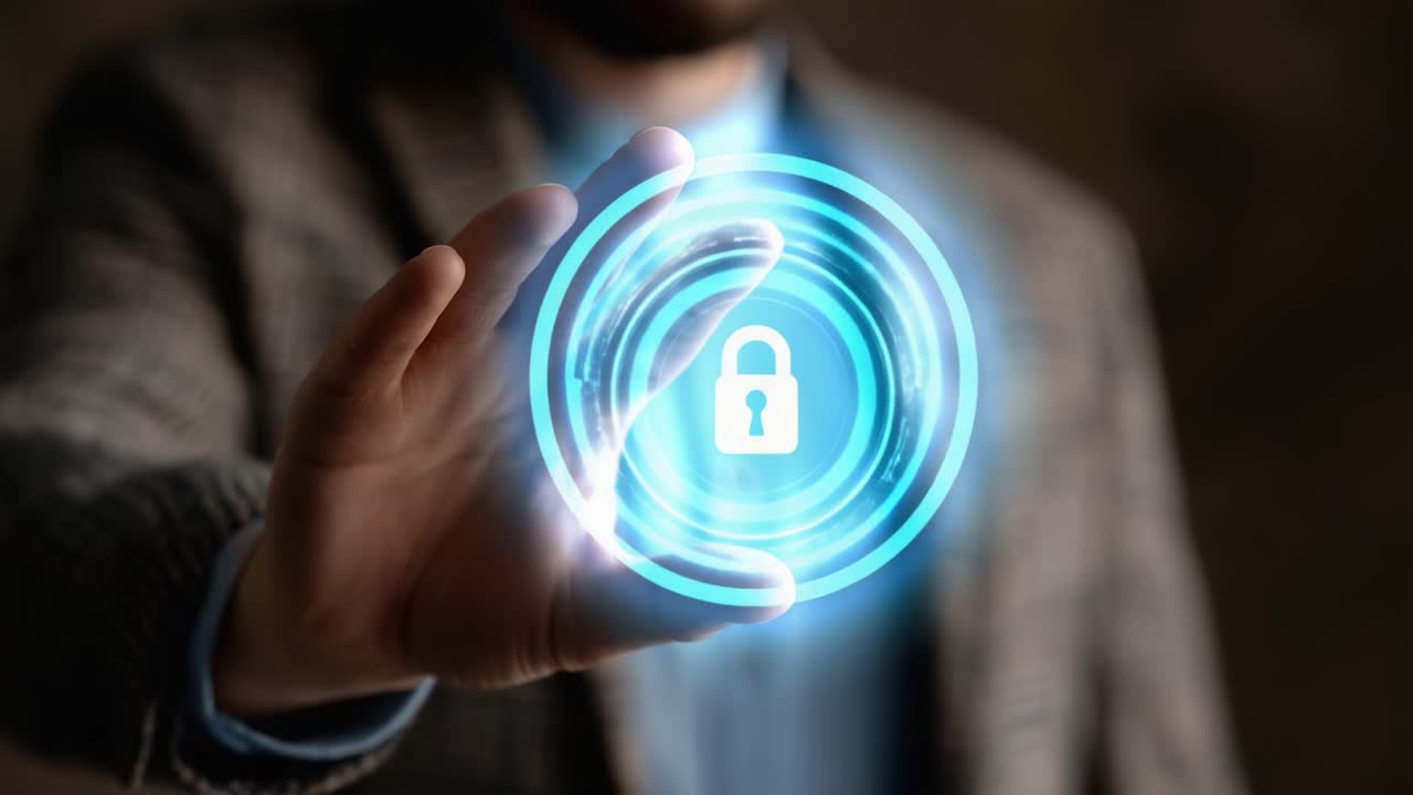 A Modern Approach to Digital Security: An Individual Demonstrating a Holographic Lock Symbol in Their Hand, Symbolizing the Future of Cyber Protection and Data Safety
