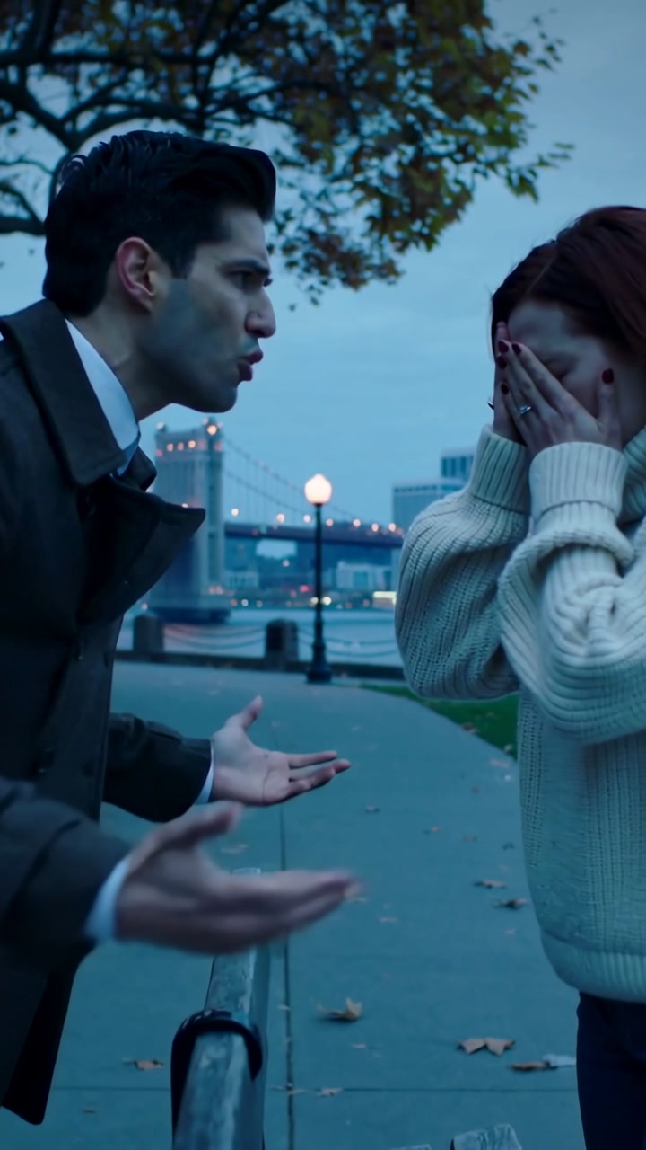 Vertical video: Leaning man in coat and tie pleading, woman hiding face in sweater by river railing