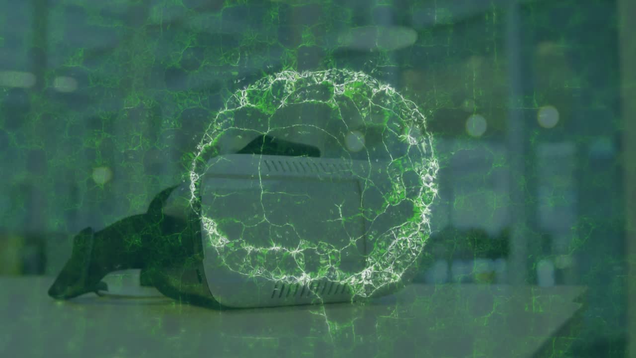 animación de escaneo cerebral y procesamiento de datos médicos en la interfaz, sobre auriculares en el escritorio