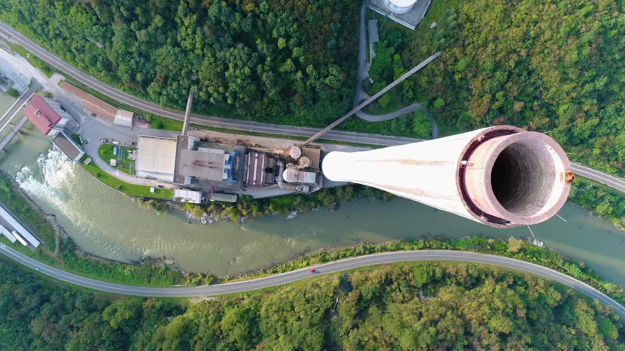 Aerial view of Trbovlje power station on Sava riverbank, Slovenia